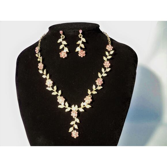 Pink floral vine rhinestone necklace set, wedding MOB prom formal necklace set - Picture 2 of 6